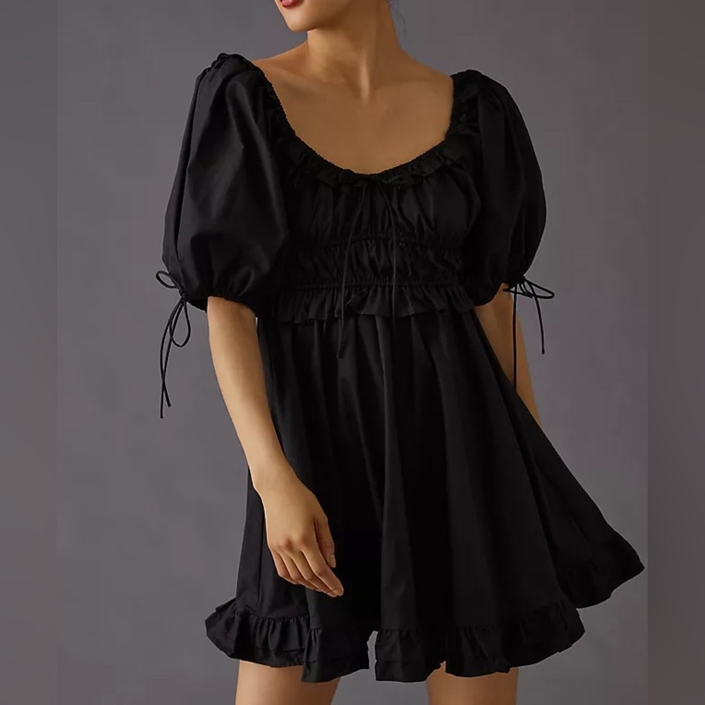 Black Smocked Mini Dress with Puff Sleeves